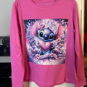 Stitch Kids Pink Long Sleeve Shirt with Cartoon Print